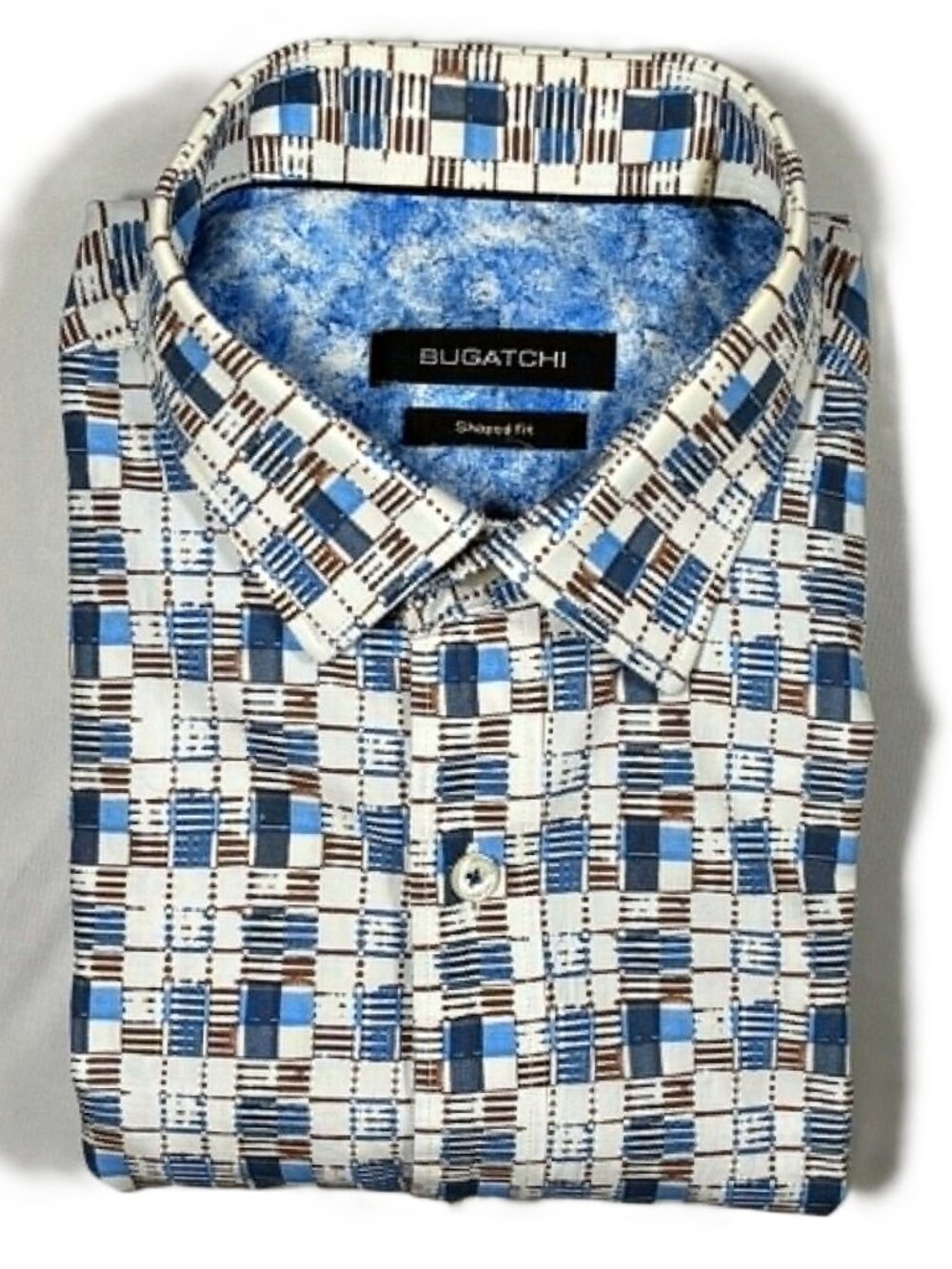 Bugatchi Shaped Fit Blue White Geometric Long Sleeve Shirt Men's Sz M SHIPS FREE